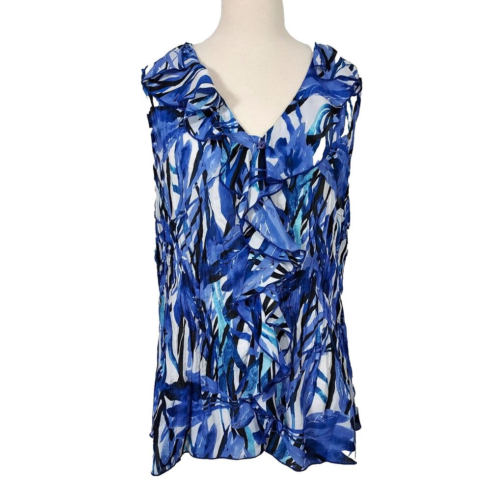 SereNade Shirt Top Ruffle Button Up Sleeveless Womens Size 3X Crinkled Blue